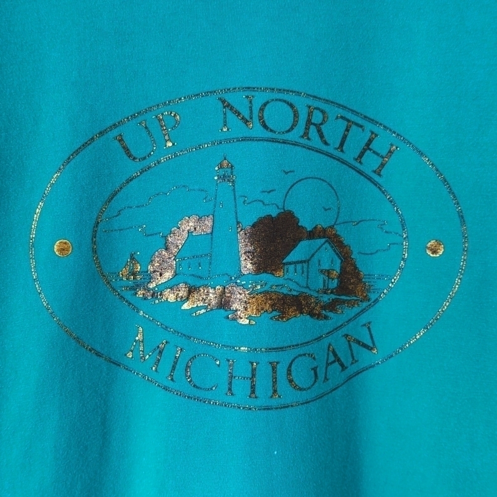 Hanes 90's Vintage Up North Michigan Graphic Short Sleeve Crewneck T-shirt Teal - Picture 3 of 9